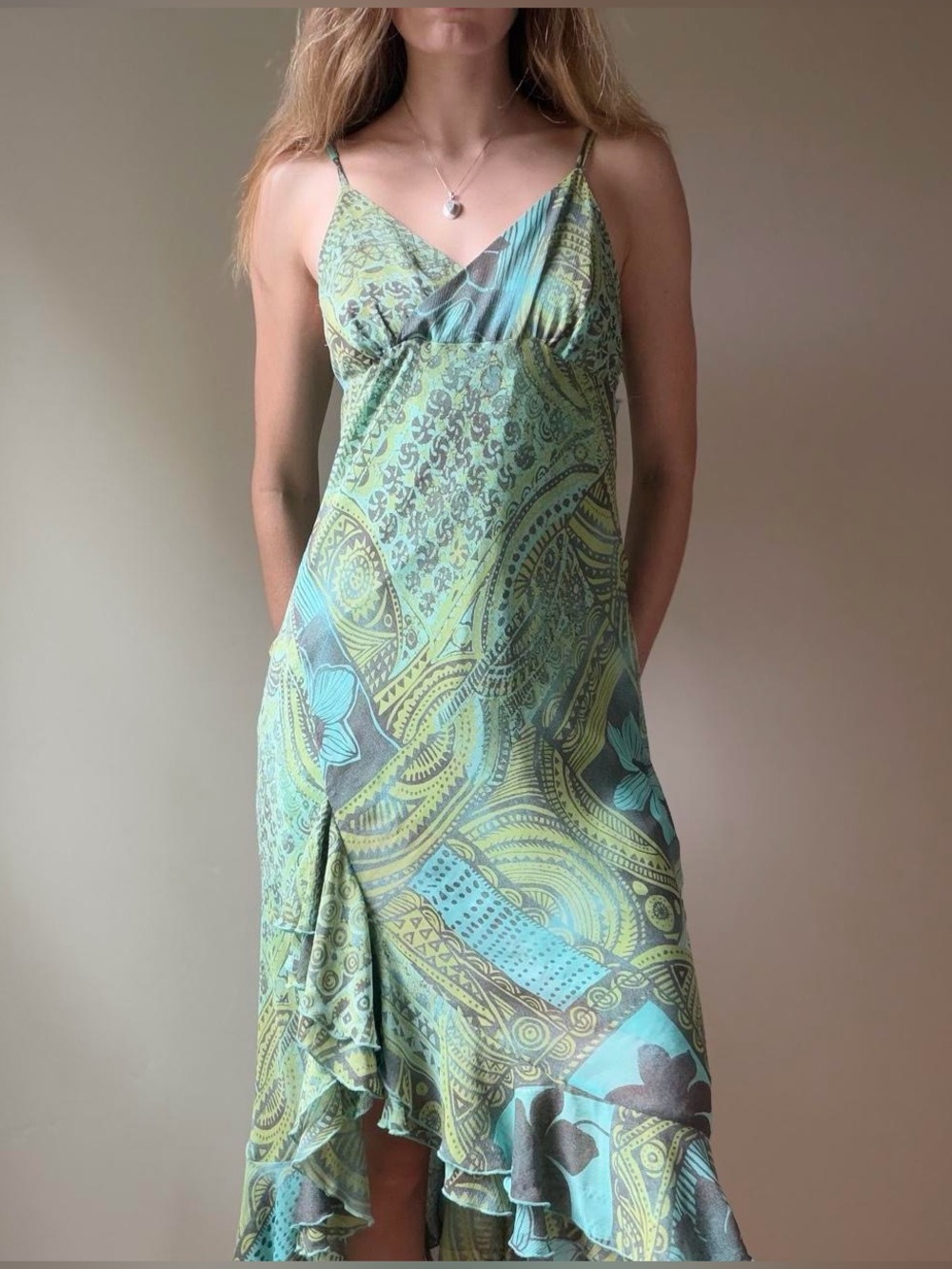 Y2K boho paisley print ruffle maxi dress